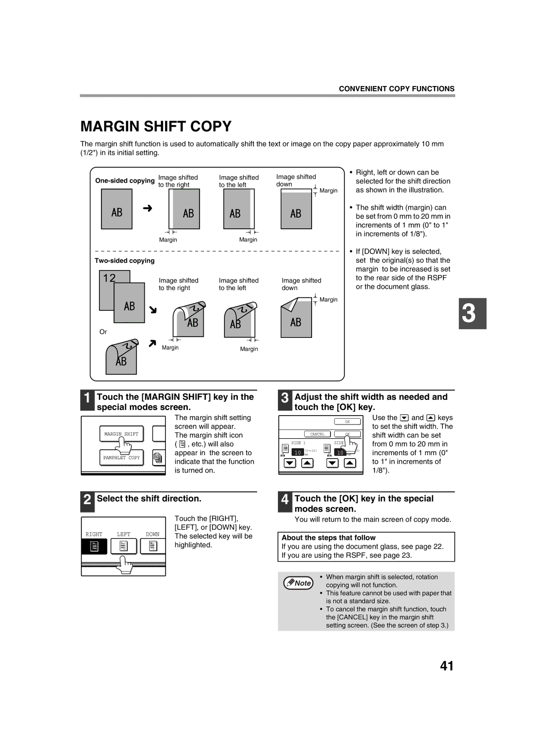 Sharp AR-M236 Margin Shift Copy, Touch the Margin Shift key in the special modes screen, Select the shift direction 