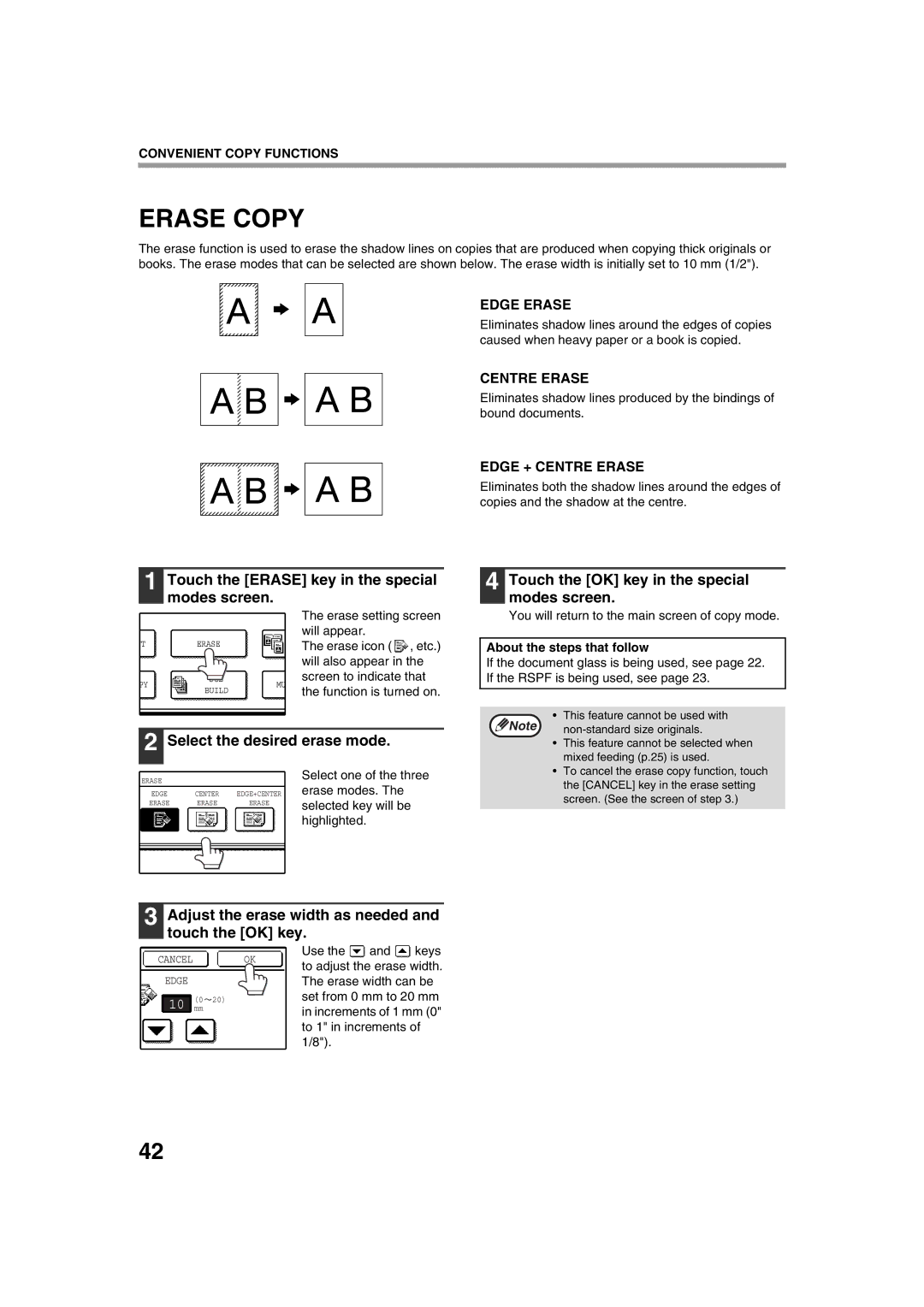 Sharp AR-M276, AR-M236 Erase Copy, Touch the Erase key in the special modes screen, Select the desired erase mode 