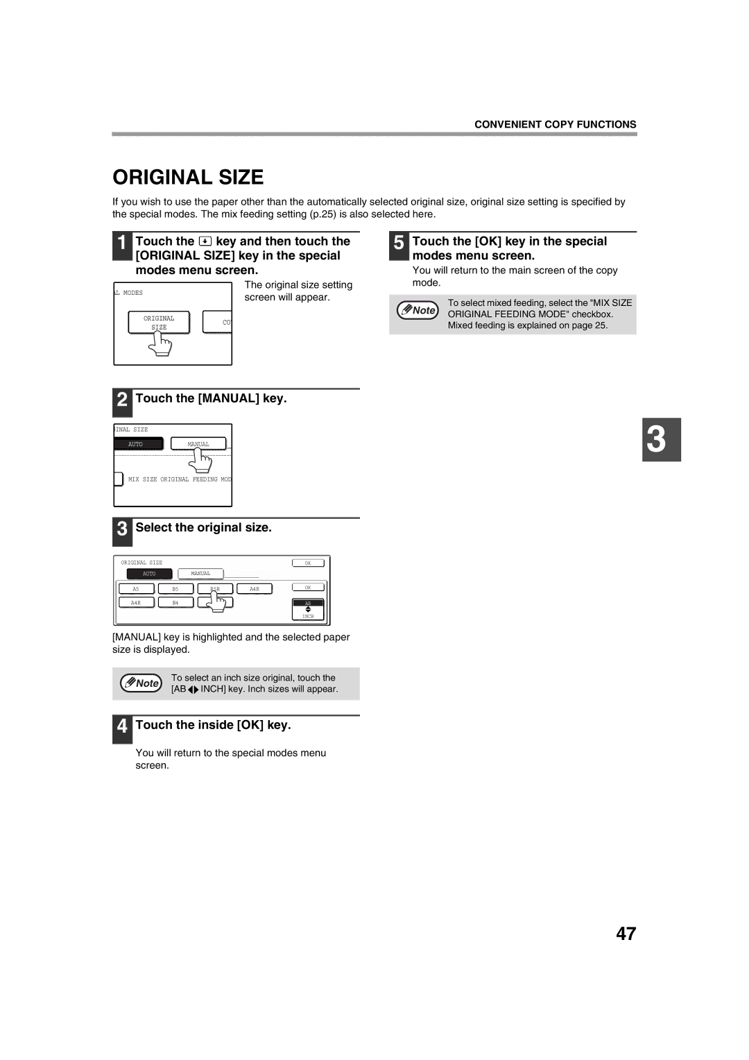 Sharp AR-M236, AR-M276 Original Size, Touch the Manual key, Select the original size, Touch the inside OK key 