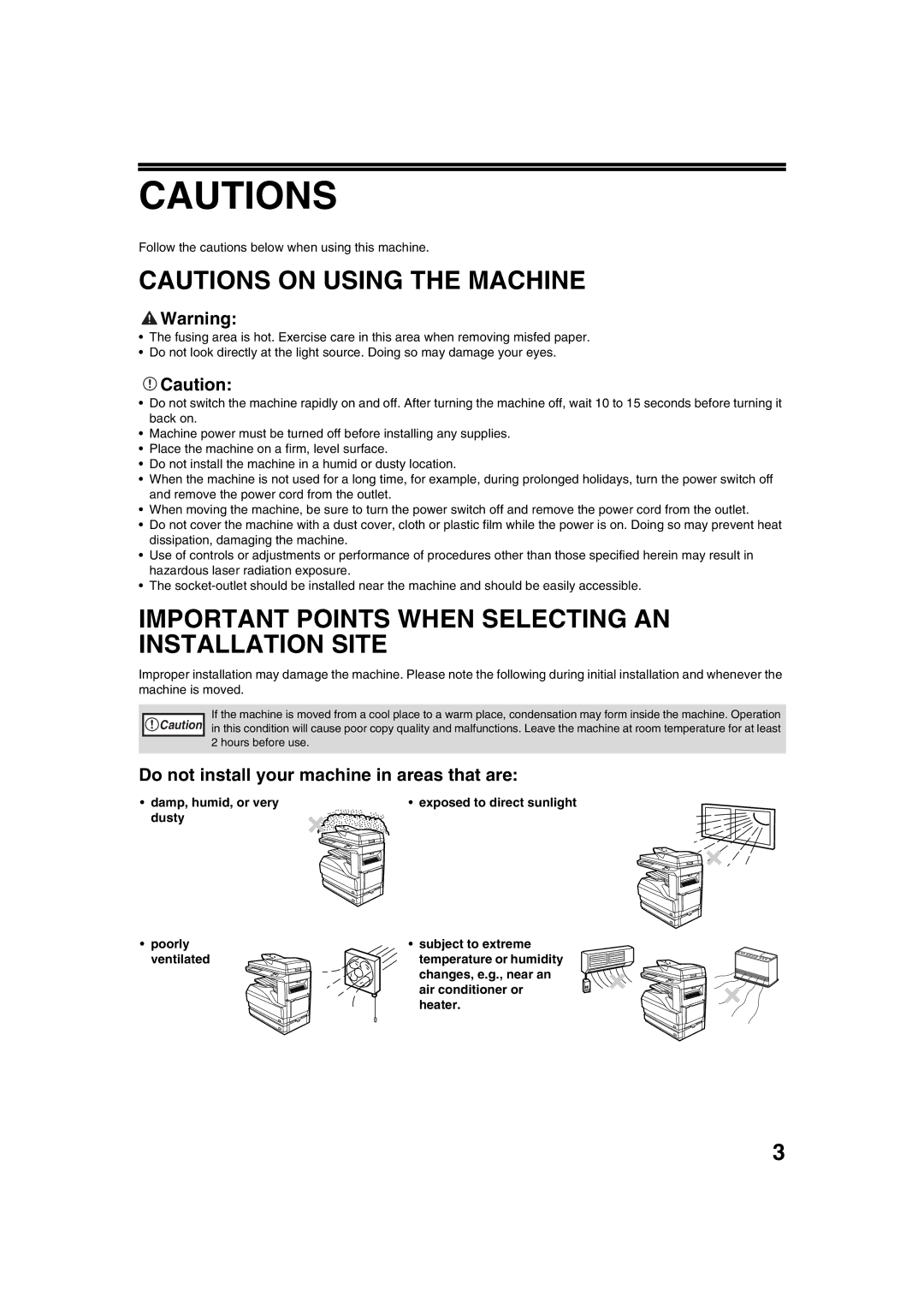 Sharp AR-M236 Important Points When Selecting AN Installation Site, Do not install your machine in areas that are, Heater 