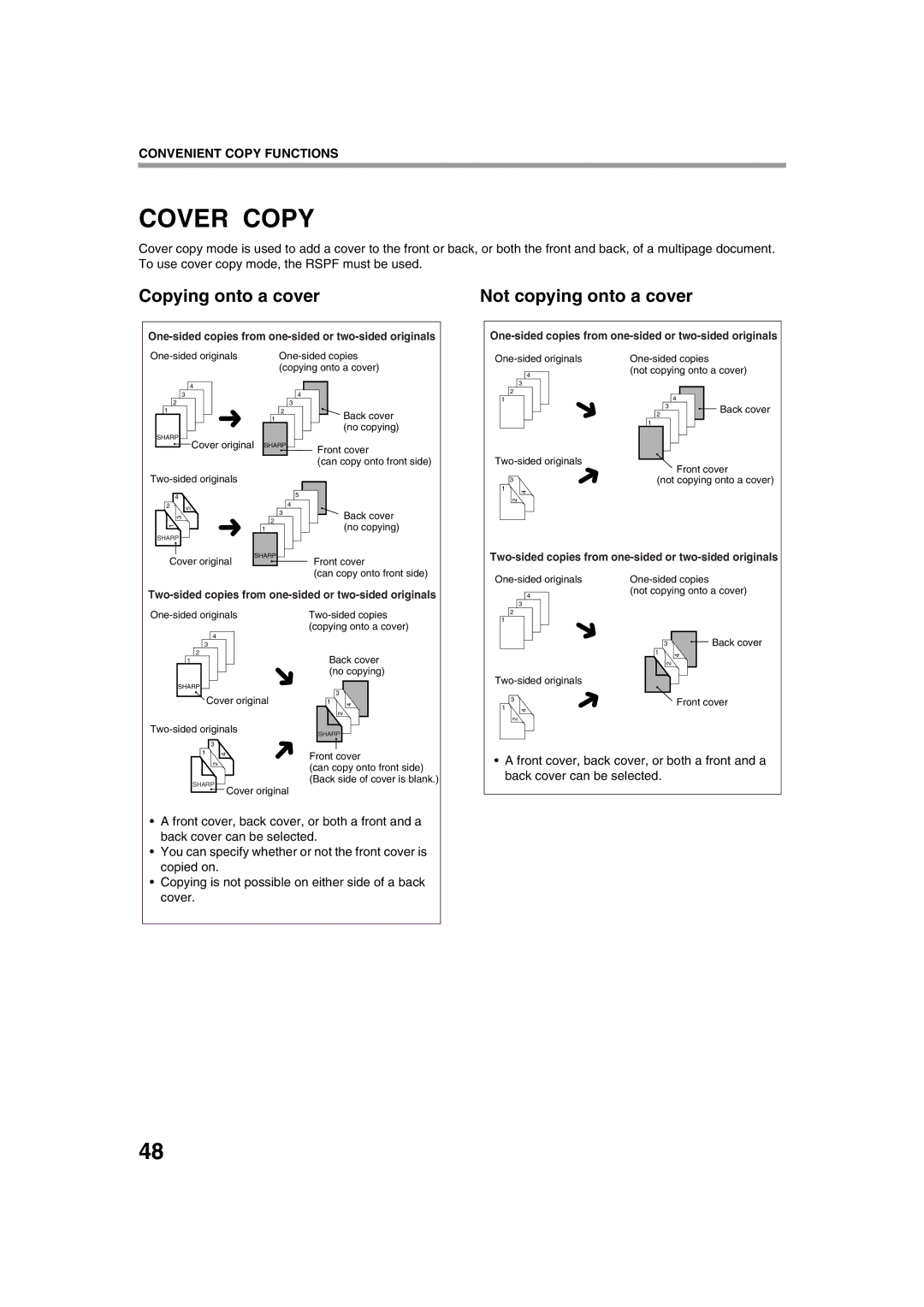 Sharp AR-M276, AR-M236 operation manual Cover Copy, Copying onto a cover, Not copying onto a cover 