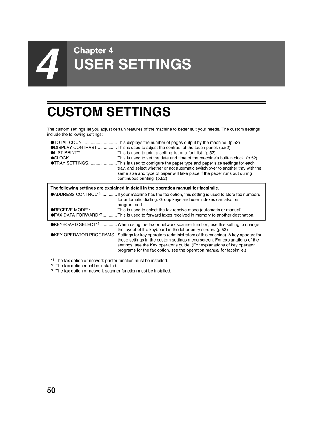 Sharp AR-M276 Custom Settings, This is used to print a setting list or a font list. p.52, Continuous printing. p.52 