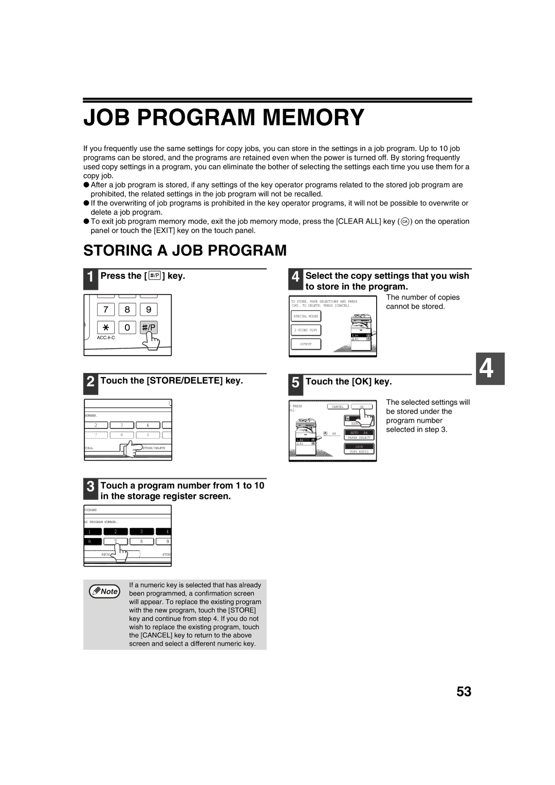 Sharp AR-M236, AR-M276 operation manual JOB Program Memory, Storing a JOB Program, Touch the STORE/DELETE key 