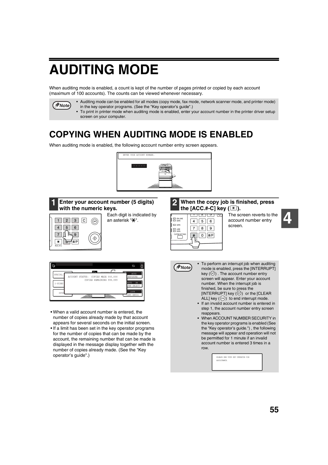 Sharp AR-M236, AR-M276 Copying When Auditing Mode is Enabled, Enter your account number 5 digits with the numeric keys 