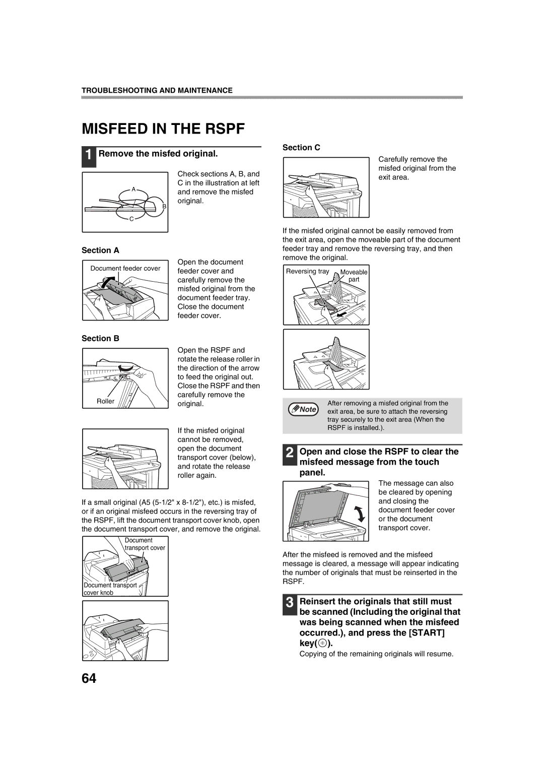 Sharp AR-M276, AR-M236 operation manual Misfeed in the Rspf, Remove the misfed original, Section C, Section a, Section B 