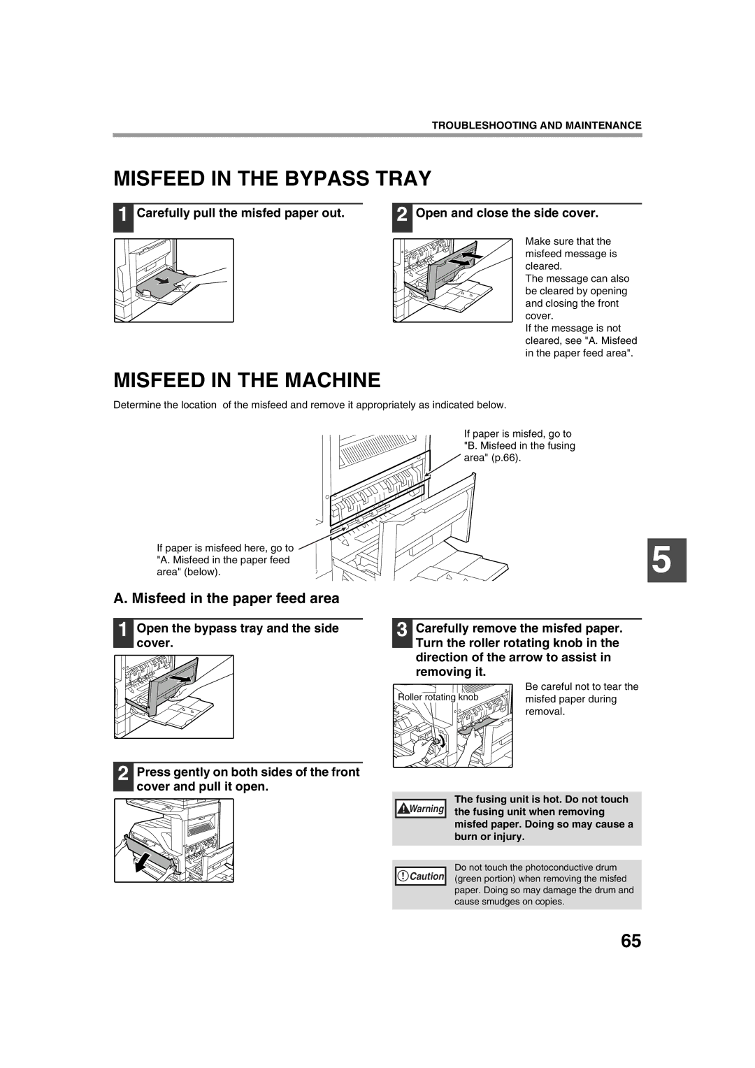 Sharp AR-M236, AR-M276 operation manual Misfeed in the Bypass Tray, Misfeed in the Machine, Misfeed in the paper feed area 