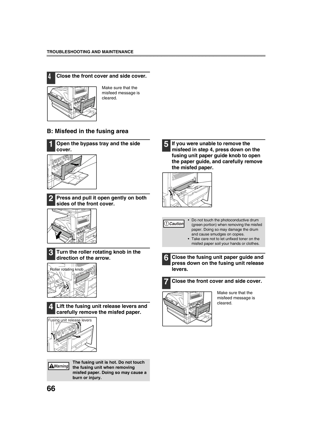 Sharp AR-M276, AR-M236 operation manual Misfeed in the fusing area, Close the front cover and side cover 