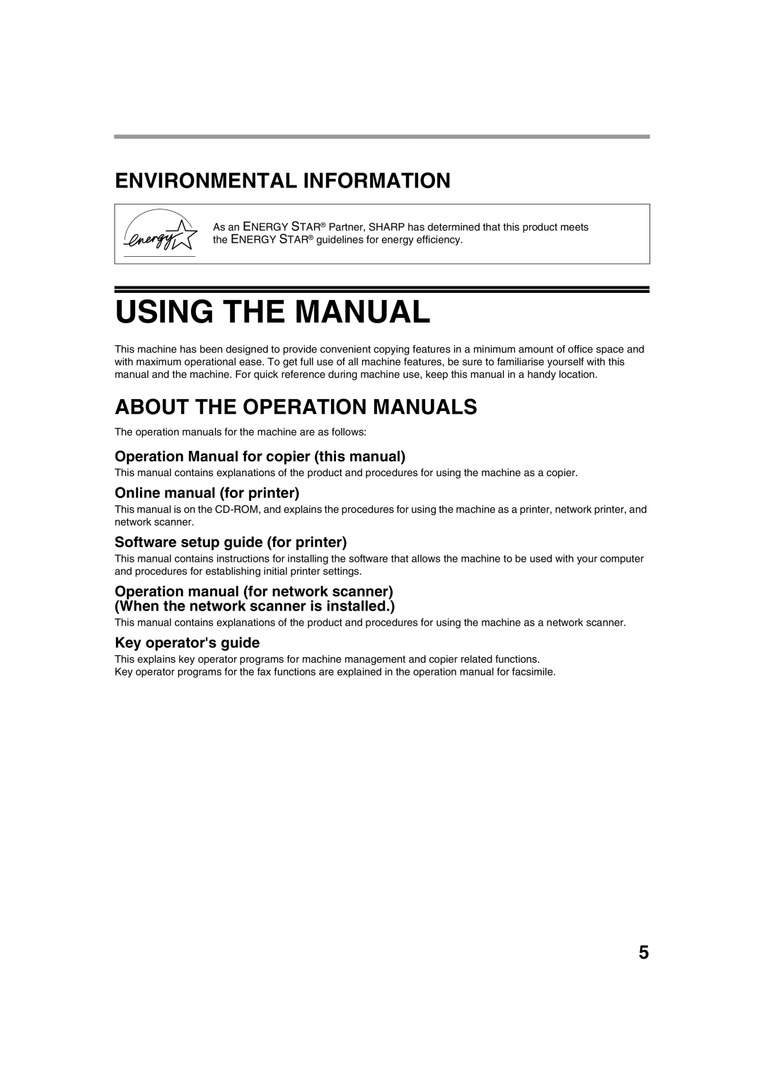 Sharp AR-M236 Using the Manual, Environmental Information, Online manual for printer, Software setup guide for printer 