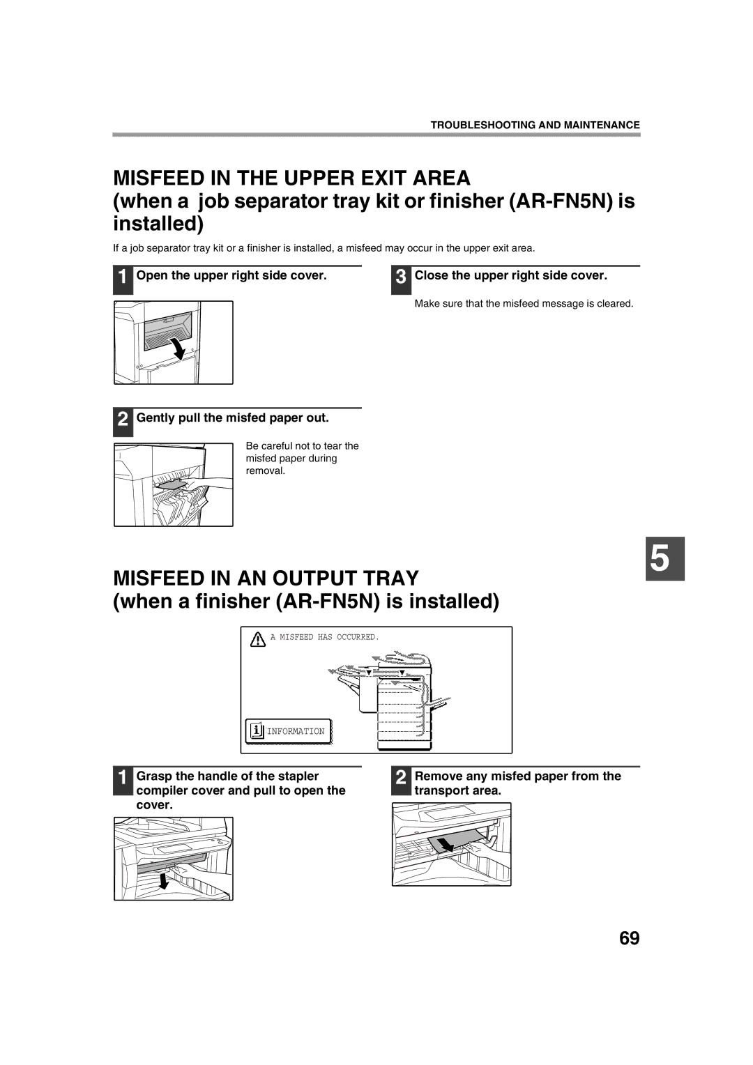 Sharp AR-M236, AR-M276 Misfeed in the Upper Exit Area, Misfeed in AN Output Tray, Gently pull the misfed paper out 