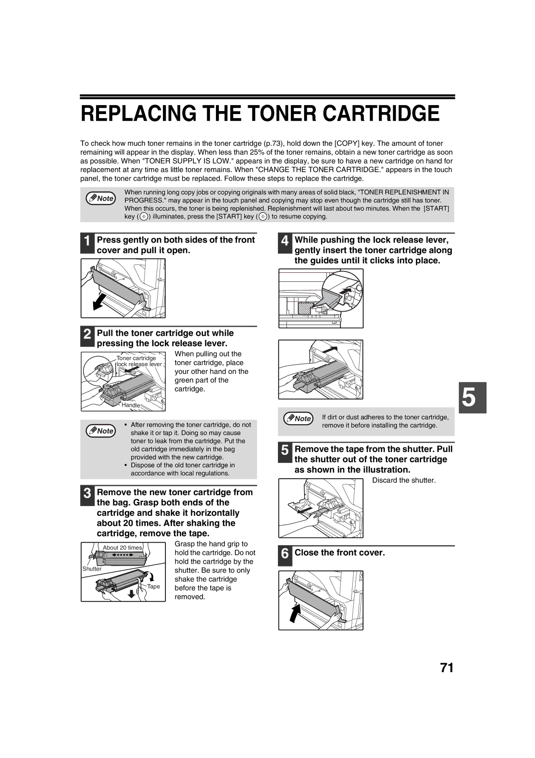 Sharp AR-M236, AR-M276 operation manual Replacing the Toner Cartridge, Close the front cover 