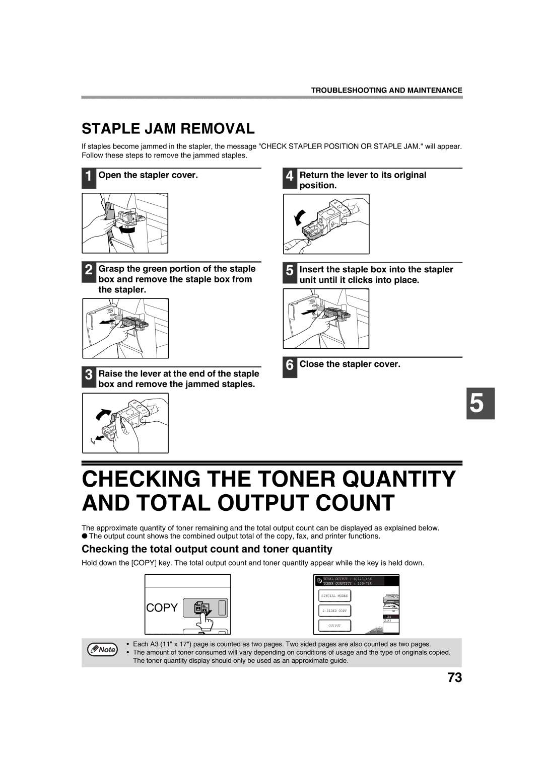 Sharp AR-M236, AR-M276 operation manual Checking the Toner Quantity and Total Output Count, Staple JAM Removal 