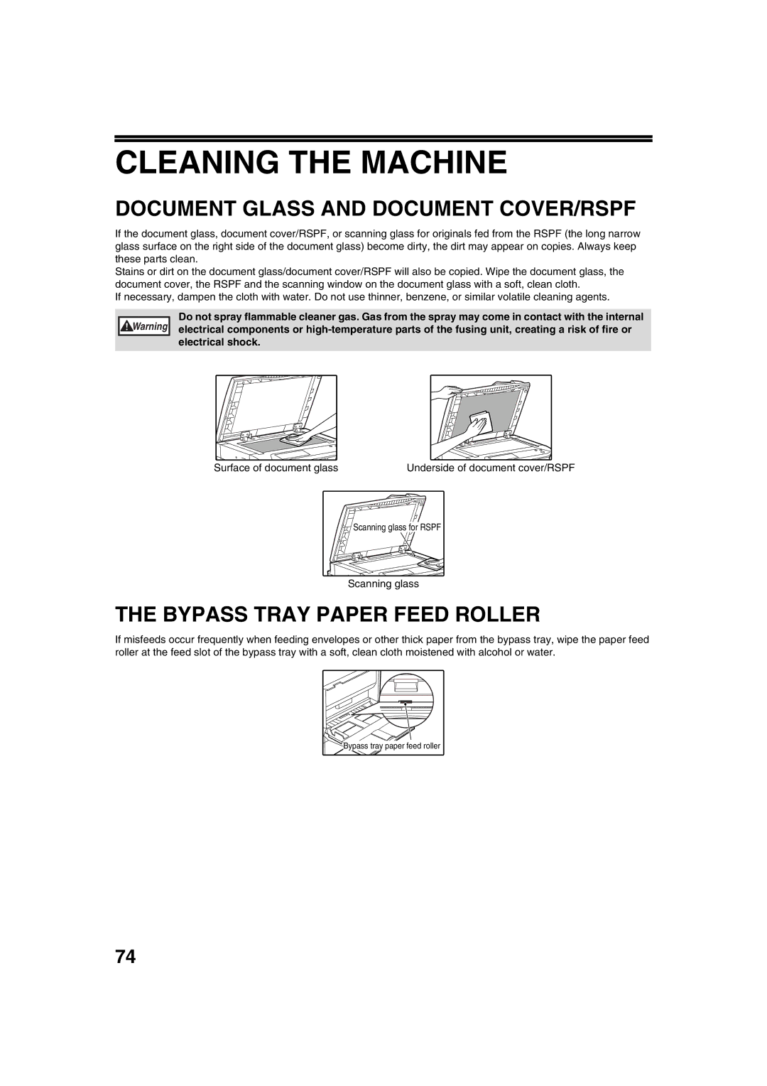 Sharp AR-M276 Cleaning the Machine, Document Glass and Document COVER/RSPF, Bypass Tray Paper Feed Roller, Scanning glass 