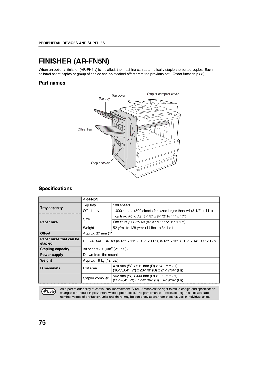 Sharp AR-M276, AR-M236 operation manual Finisher AR-FN5N, Part names, Specifications 