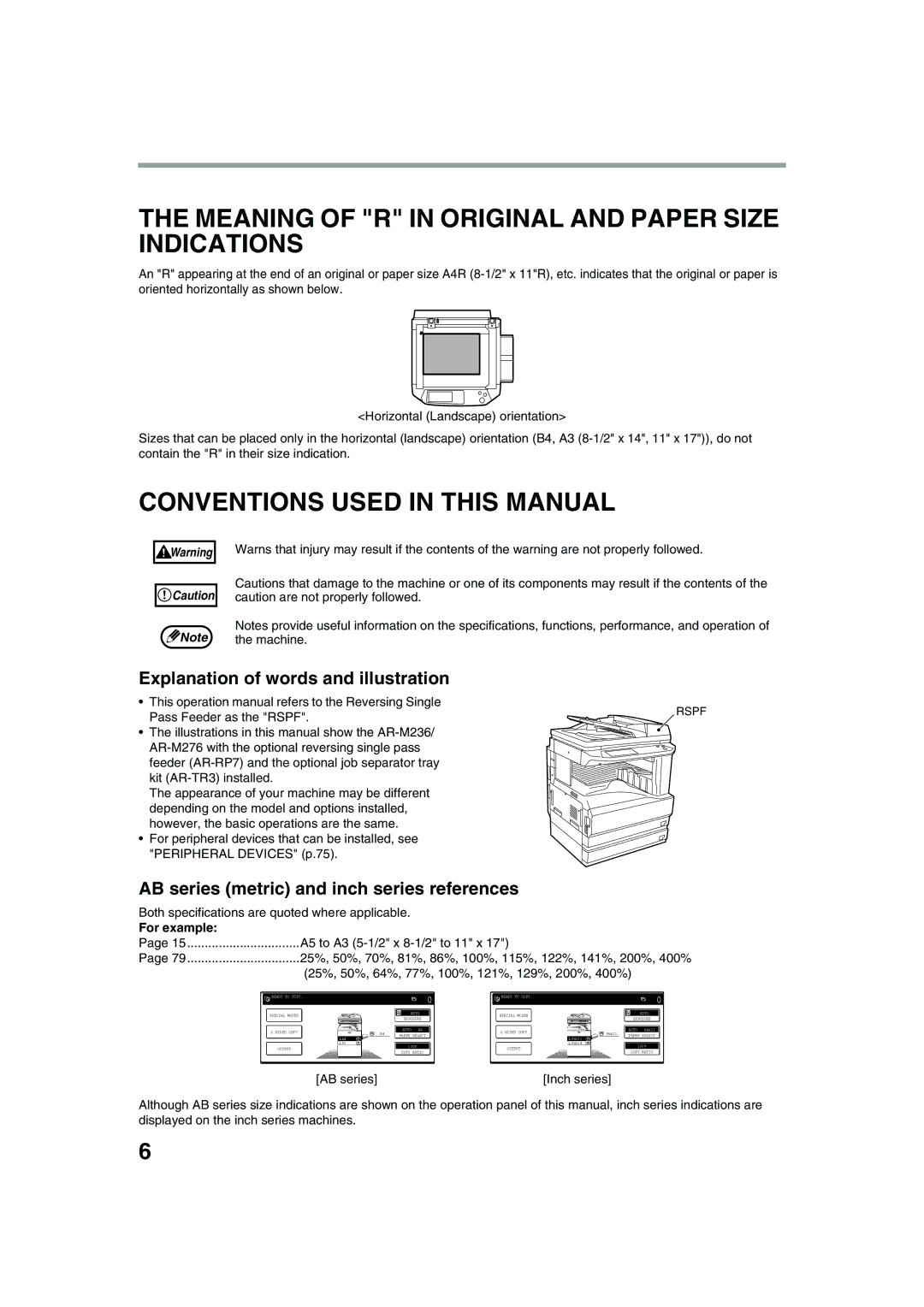 Sharp AR-M276, AR-M236 Meaning of R in Original and Paper Size Indications, Conventions Used in this Manual, For example 