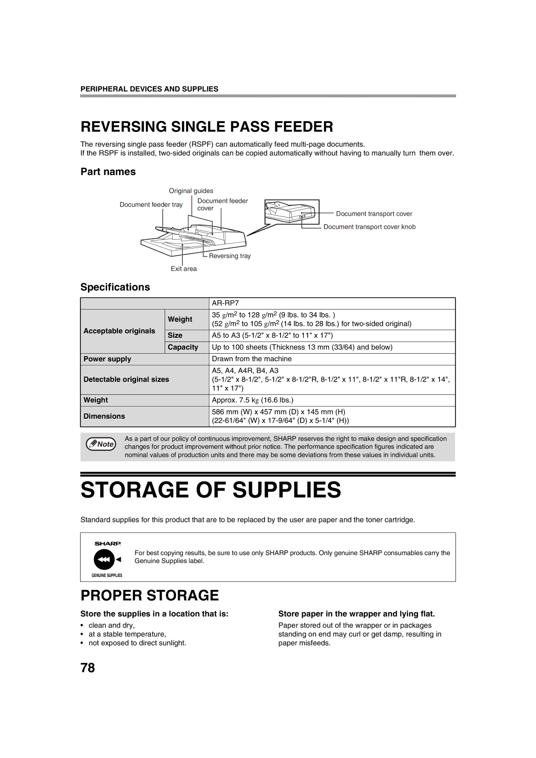 Sharp AR-M276 Storage of Supplies, Reversing Single Pass Feeder, Proper Storage, Store the supplies in a location that is 