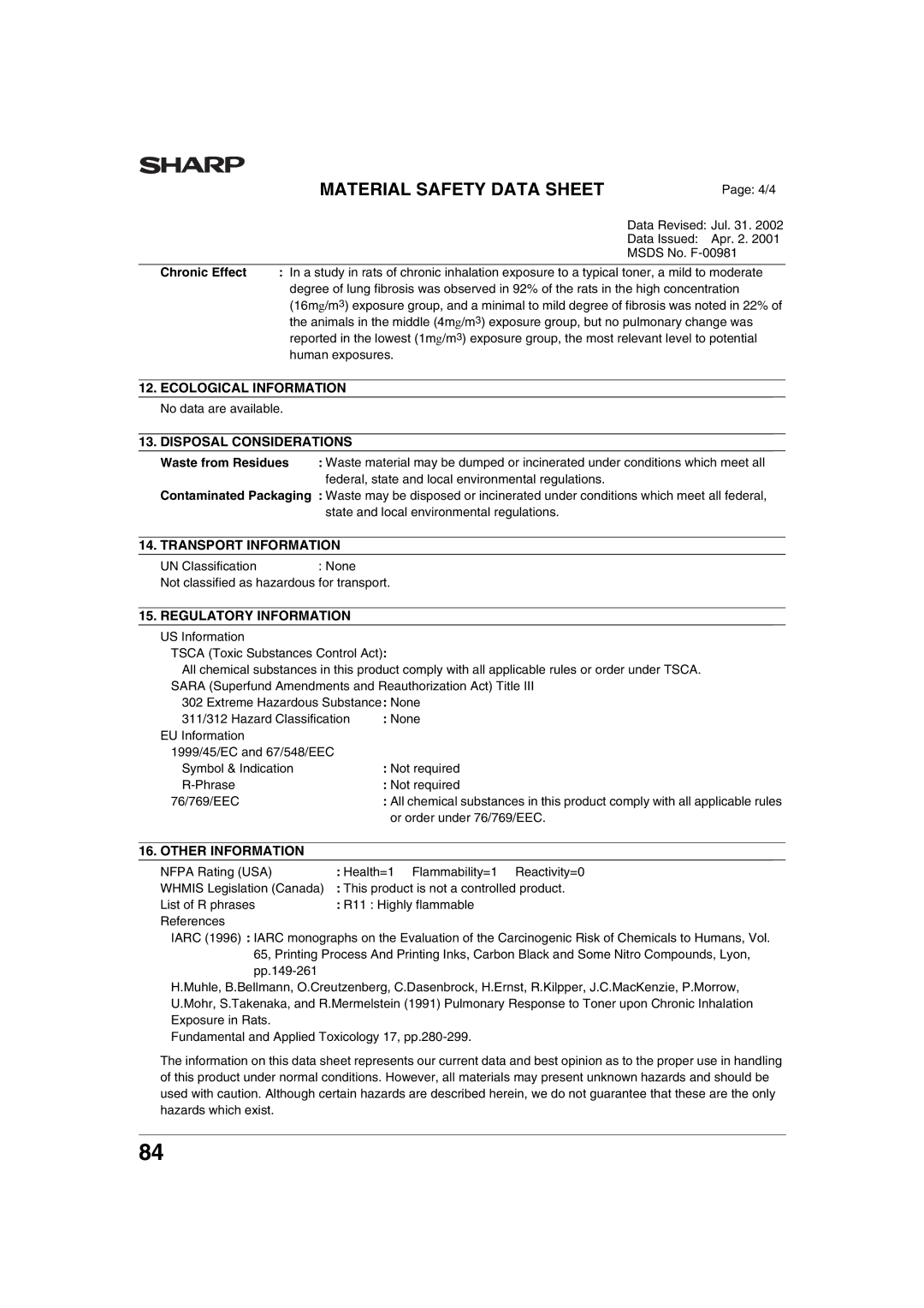 Sharp AR-M276, AR-M236 operation manual 4/4, Chronic Effect, Human exposures 