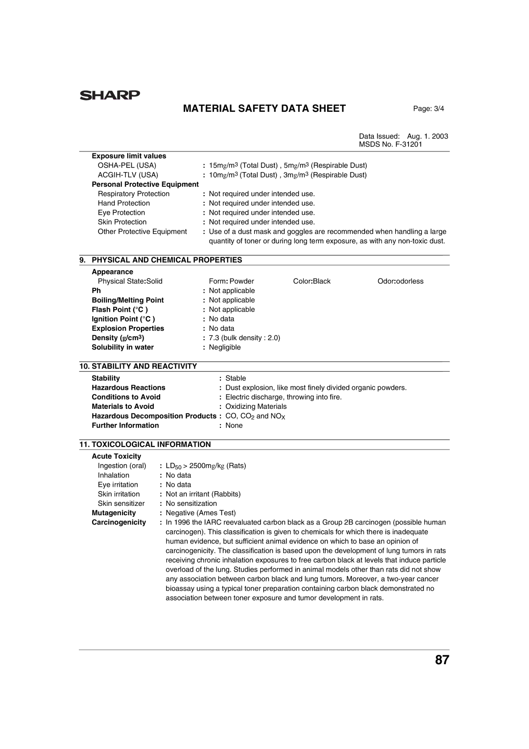 Sharp AR-M236, AR-M276 operation manual Toxicological Information, Acute Toxicity 