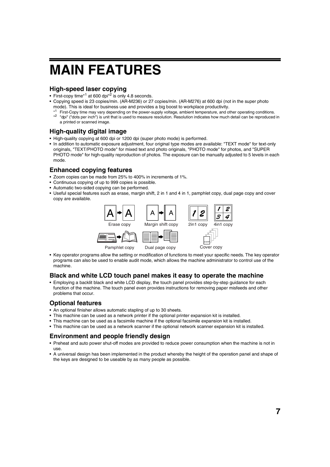 Sharp AR-M236, AR-M276 operation manual Main Features 