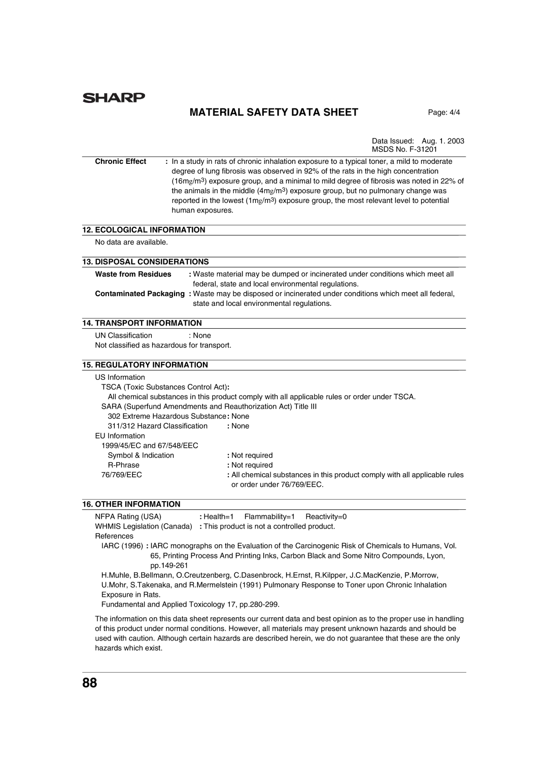 Sharp AR-M276, AR-M236 operation manual Disposal Considerations 