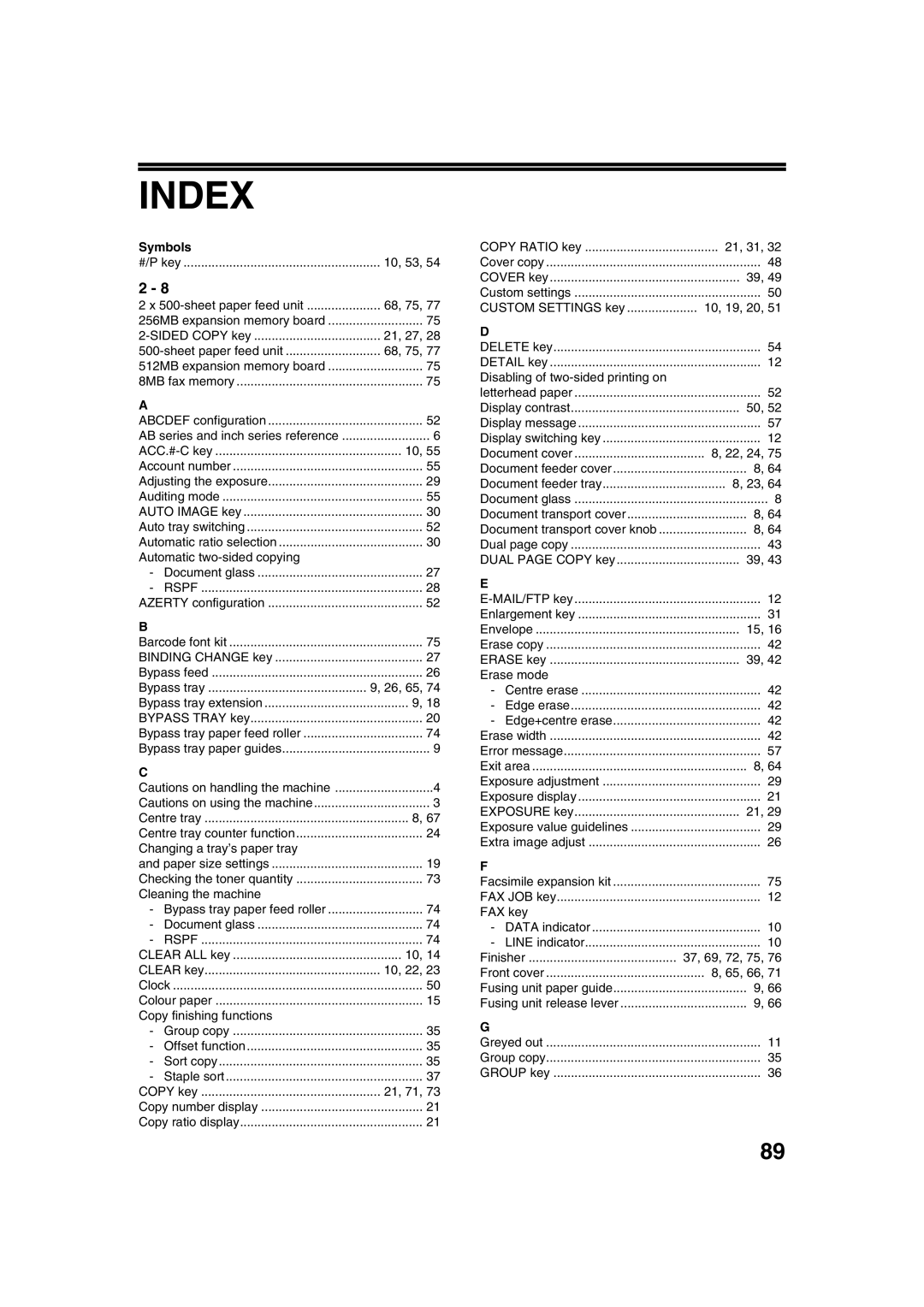 Sharp AR-M236, AR-M276 operation manual Index, Symbols 