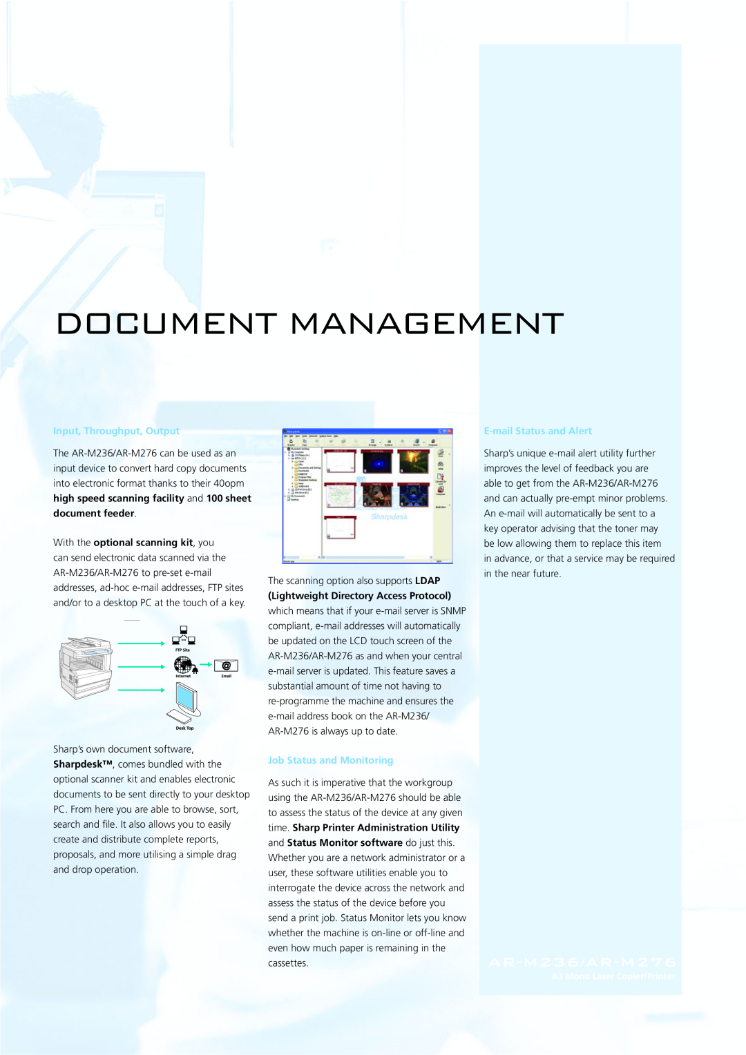 Sharp manual Document Management, Input, Throughput, Output, Lightweight Directory Access Protocol, AR-M236/AR-M276 