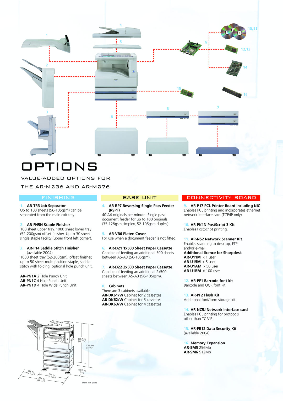 Sharp VALUE-ADDED OPTIONS FOR THE AR-M236 AND AR-M276, Base Unit, 10,11 12,13, AR-TR3 Job Separator, Cabinets, options 