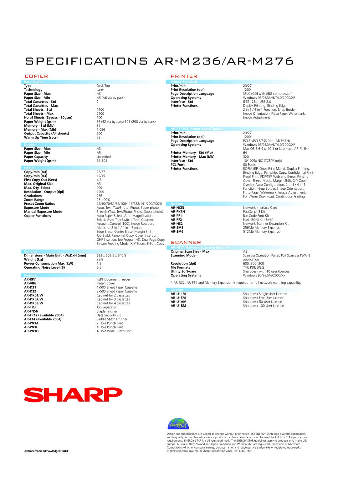 Sharp manual SPECIFICATIONS AR-M236/AR-M276, Copier, Printer, Scanner 