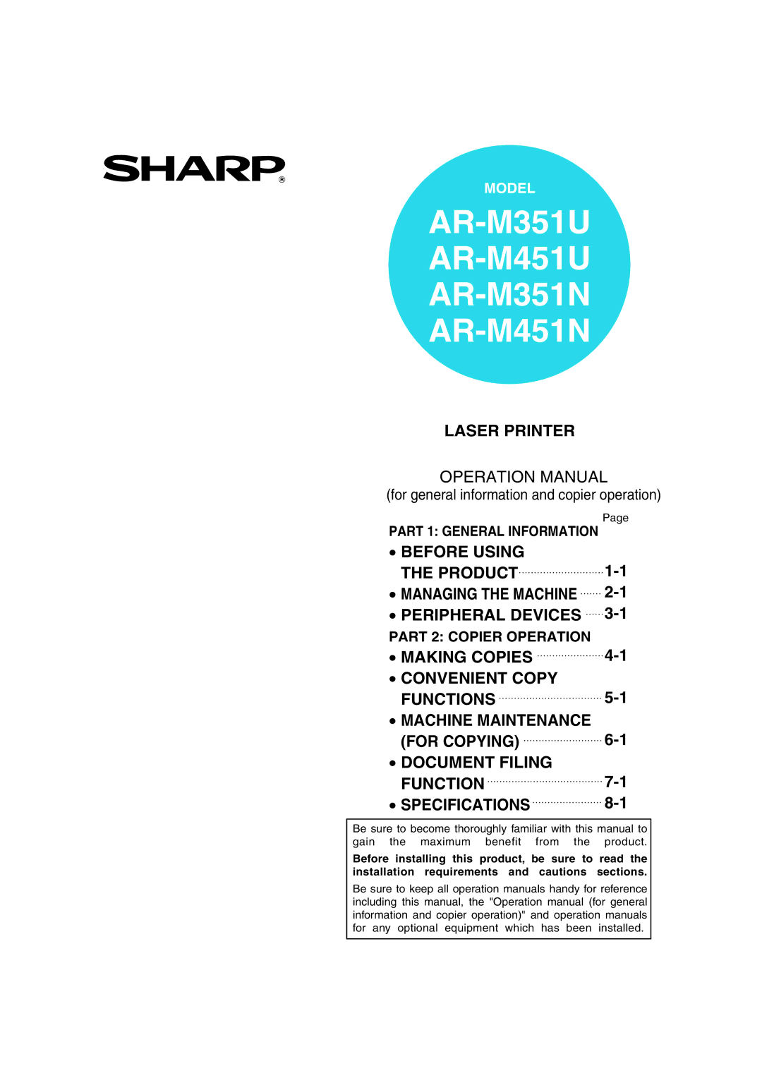 Sharp AR-M351U AR-M451U AR-M351N AR-M451N specifications 