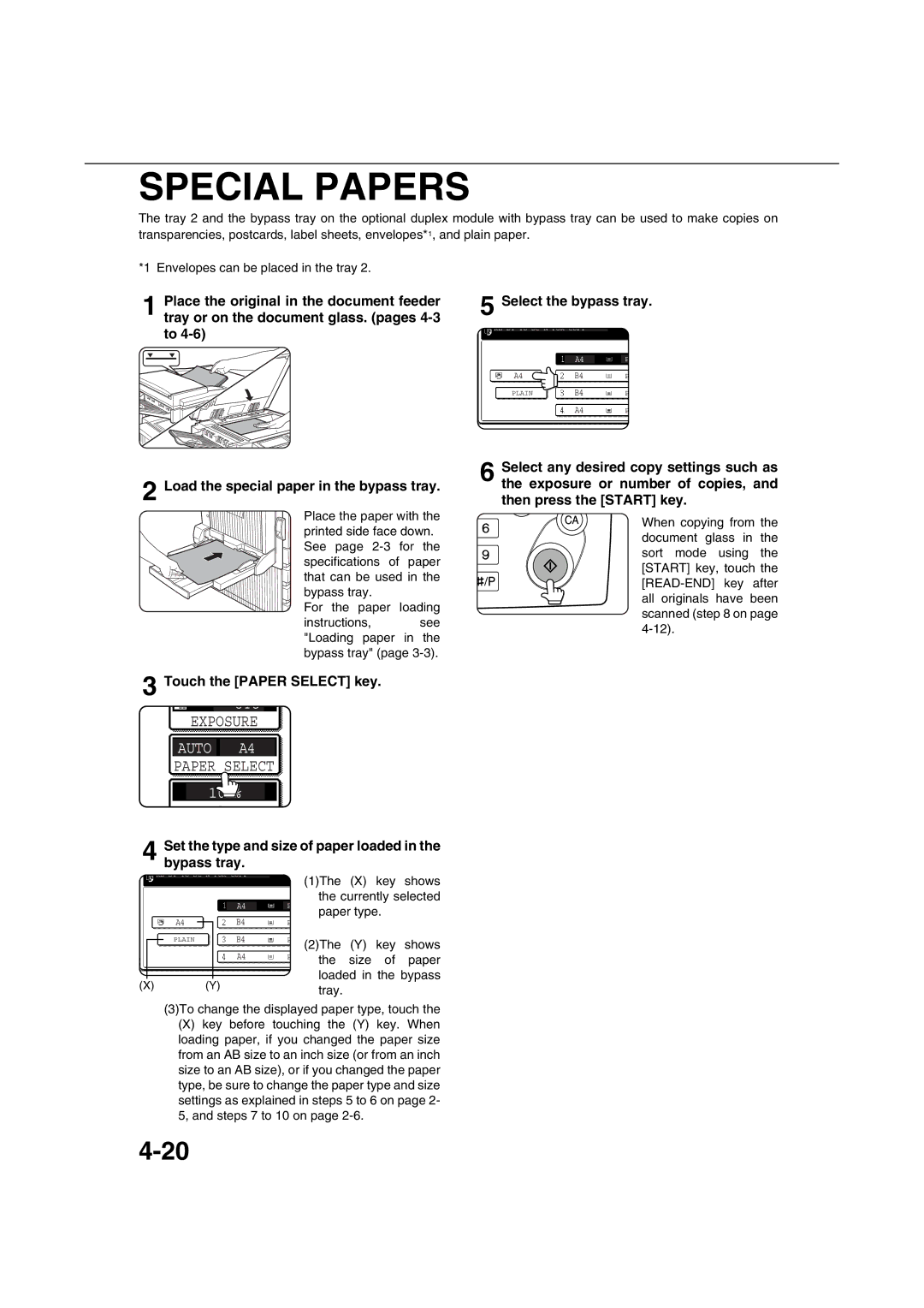 Sharp AR-M351U AR-M451U AR-M351N AR-M451N Special Papers, Load the special paper in the bypass tray, 1The X key shows 