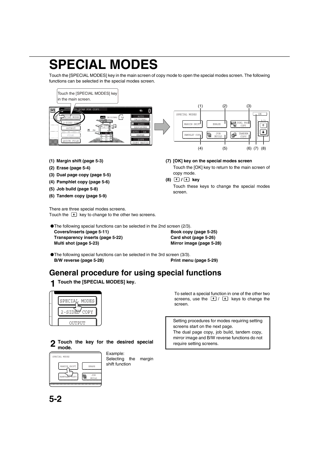 Sharp AR-M351U AR-M451U AR-M351N AR-M451N specifications Special Modes, General procedure for using special functions 