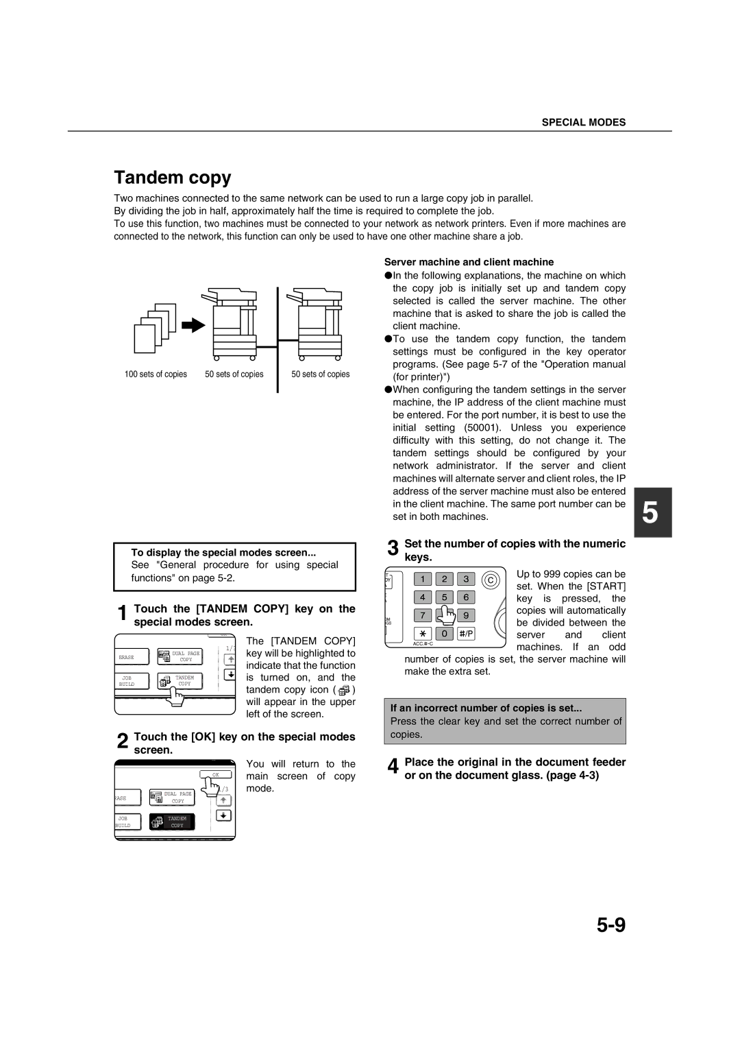 Sharp AR-M351U AR-M451U AR-M351N AR-M451N specifications Tandem copy, Touch the Tandem Copy key on the special modes screen 