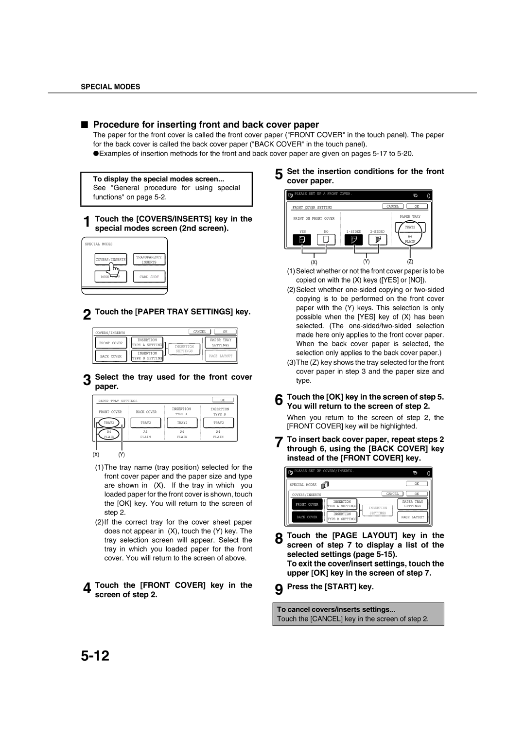 Sharp AR-M351U AR-M451U AR-M351N AR-M451N specifications Procedure for inserting front and back cover paper 