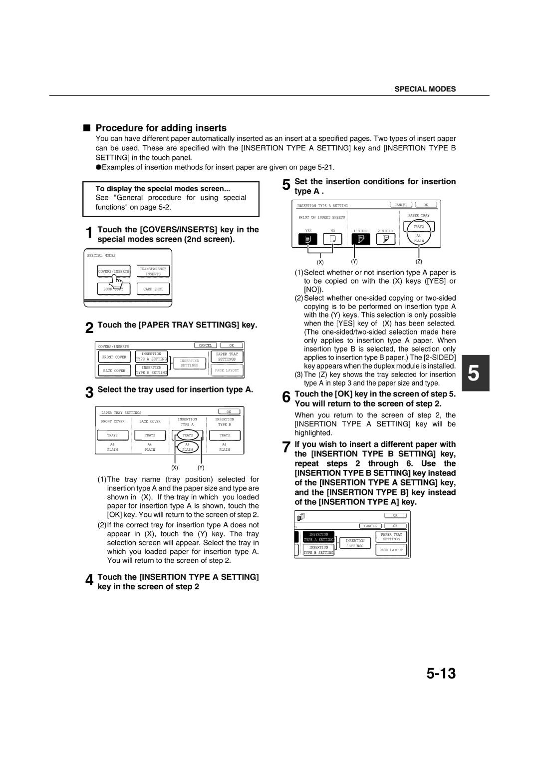 Sharp AR-M351U AR-M451U AR-M351N AR-M451N Procedure for adding inserts, Select the tray used for insertion type a 