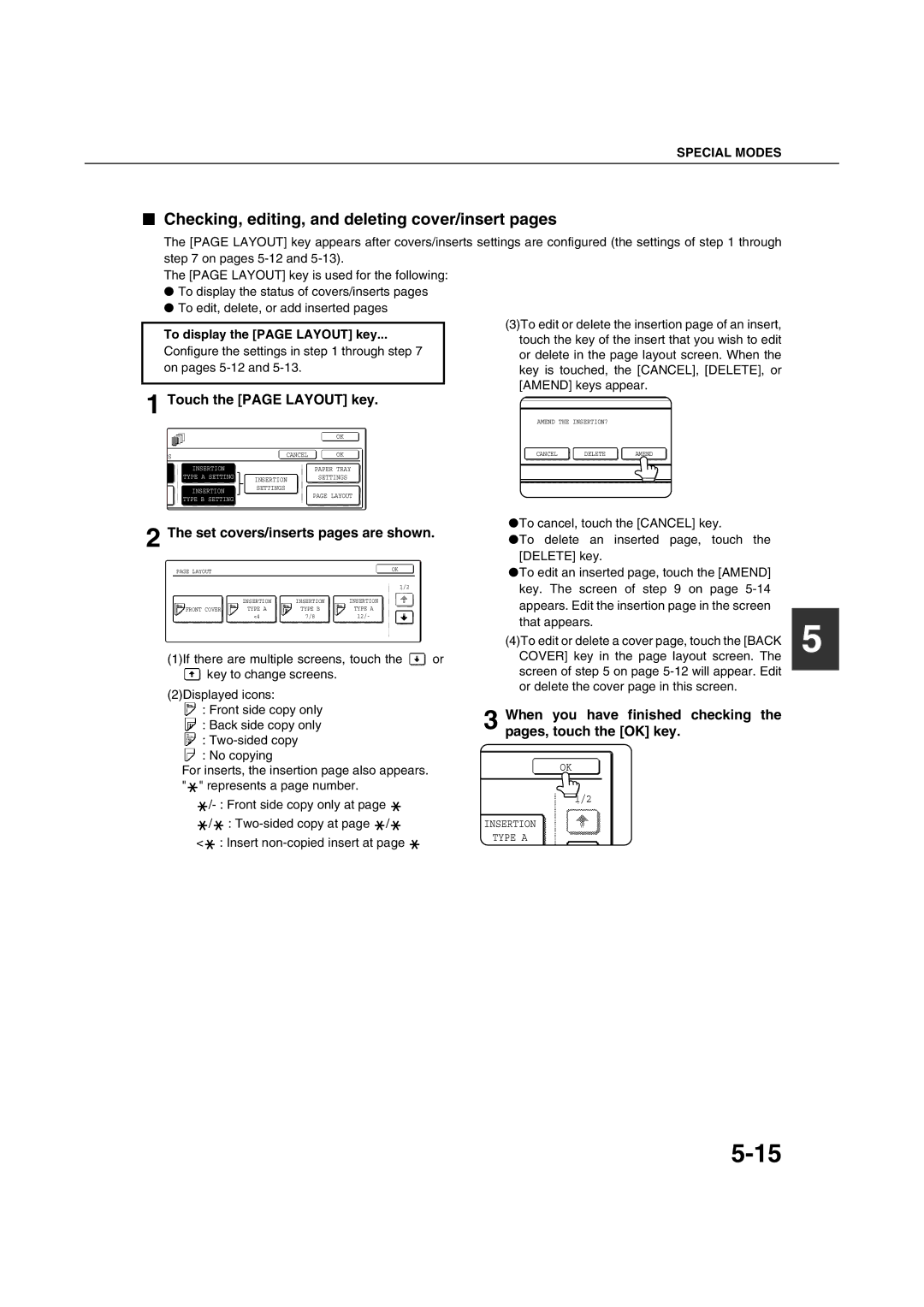 Sharp AR-M351U AR-M451U AR-M351N AR-M451N Checking, editing, and deleting cover/insert pages, Touch the page Layout key 