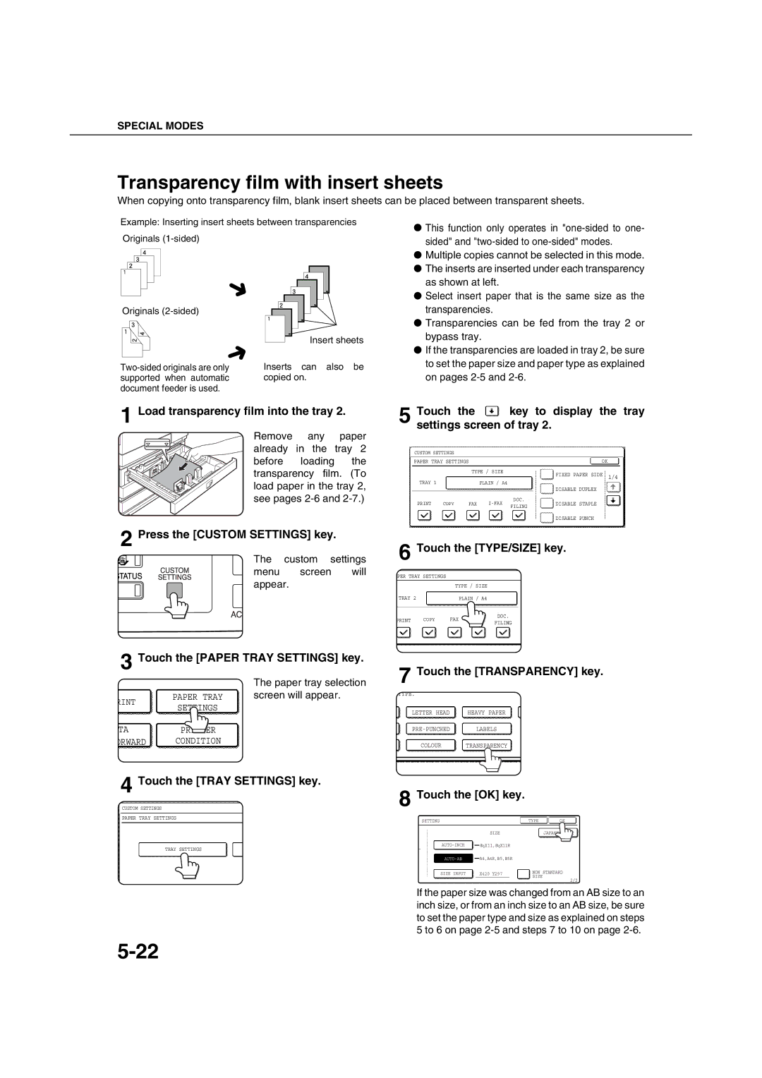 Sharp AR-M351U AR-M451U AR-M351N AR-M451N Transparency film with insert sheets, Load transparency film into the tray 