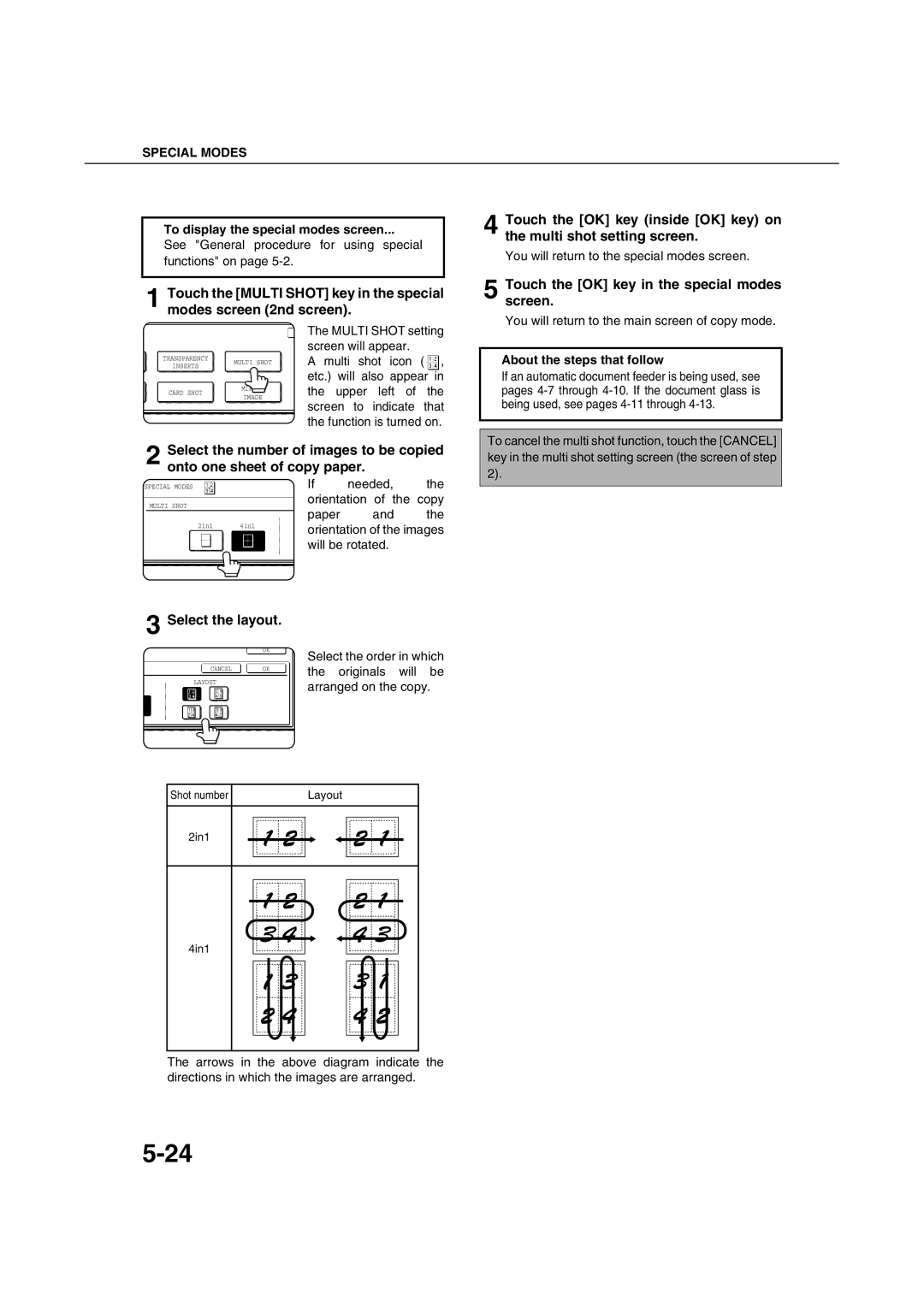 Sharp AR-M351U AR-M451U AR-M351N AR-M451N specifications Select the layout, Touch the OK key in the special modes screen 