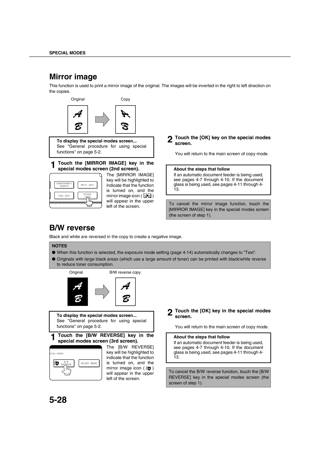 Sharp AR-M351U AR-M451U AR-M351N AR-M451N specifications Mirror image, Reverse 