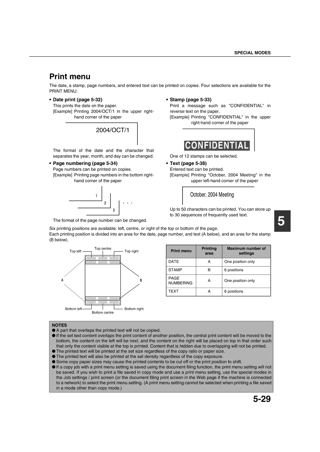 Sharp AR-M351U AR-M451U AR-M351N AR-M451N specifications Print menu, Date print, Stamp, Numbering, Text 