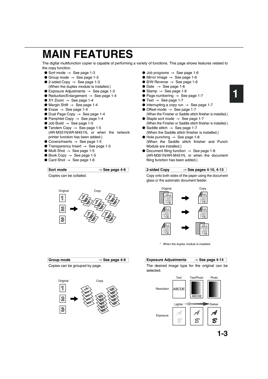 Sharp AR-M351U AR-M451U AR-M351N AR-M451N Main Features, Pamphlet Copy See Staple sort mode Job Build, Sort mode 