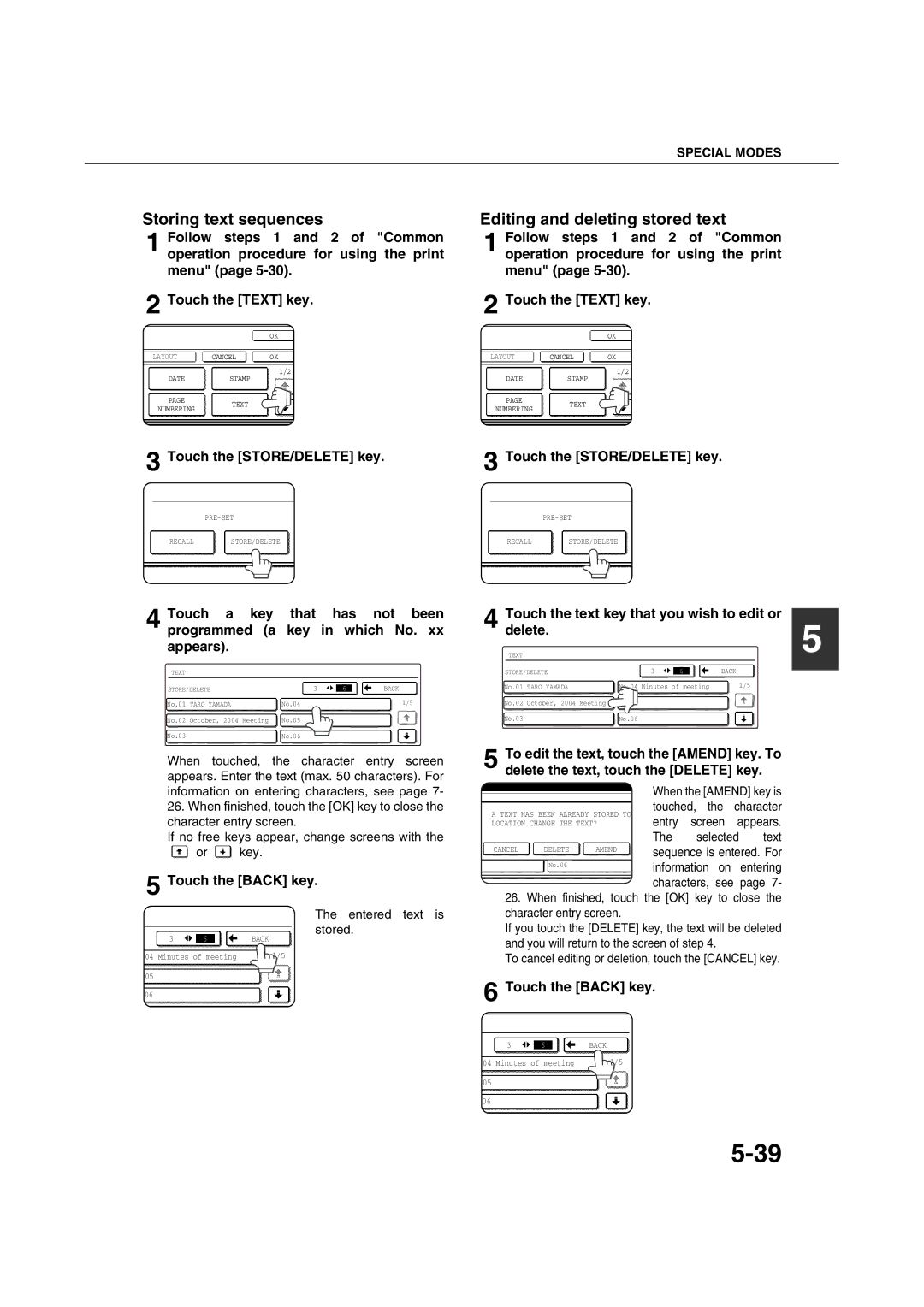 Sharp AR-M351U AR-M451U AR-M351N AR-M451N Storing text sequences, Editing and deleting stored text, Touch the Back key 