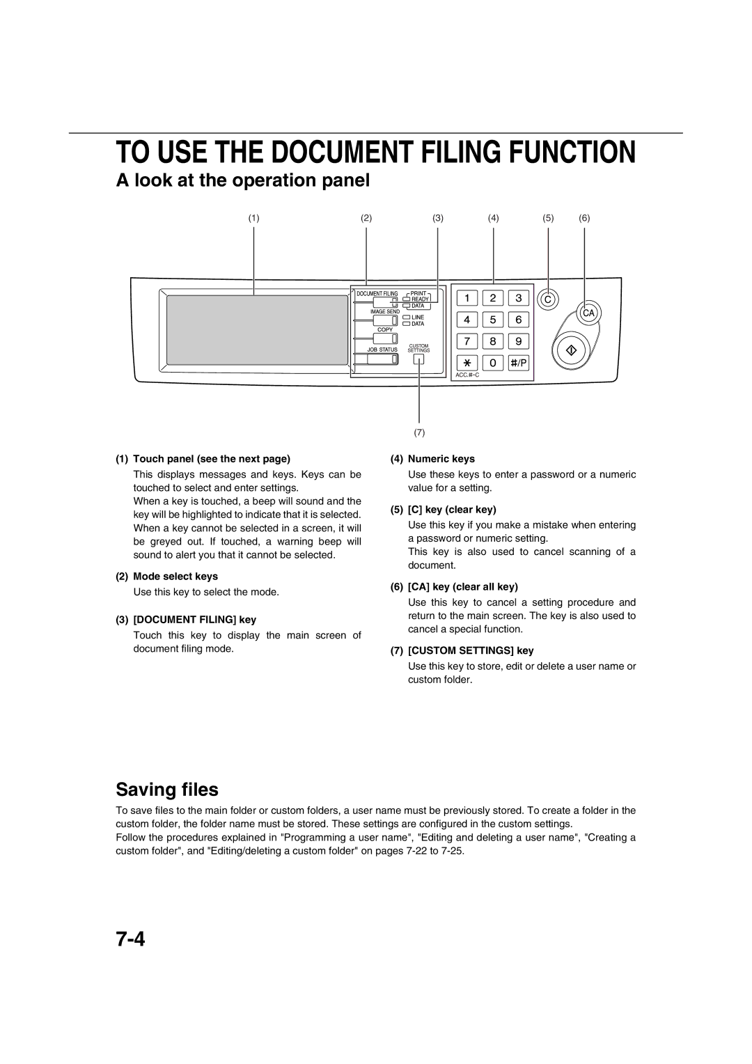 Sharp AR-M351U AR-M451U AR-M351N AR-M451N Look at the operation panel, Saving files, Touch panel see the next 