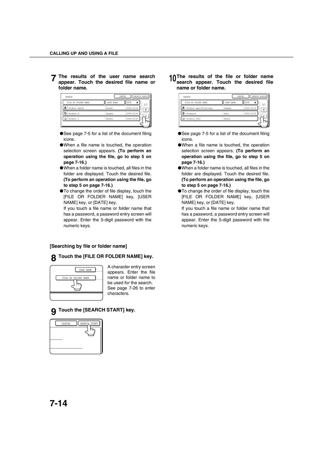 Sharp AR-M351U AR-M451U AR-M351N AR-M451N specifications Touch the Search Start key, Operation using the file, go to on 