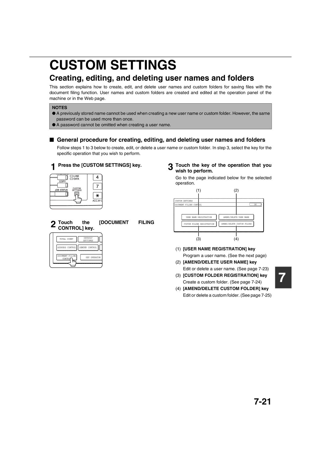 Sharp AR-M351U AR-M451U AR-M351N AR-M451N Creating, editing, and deleting user names and folders, Control key 