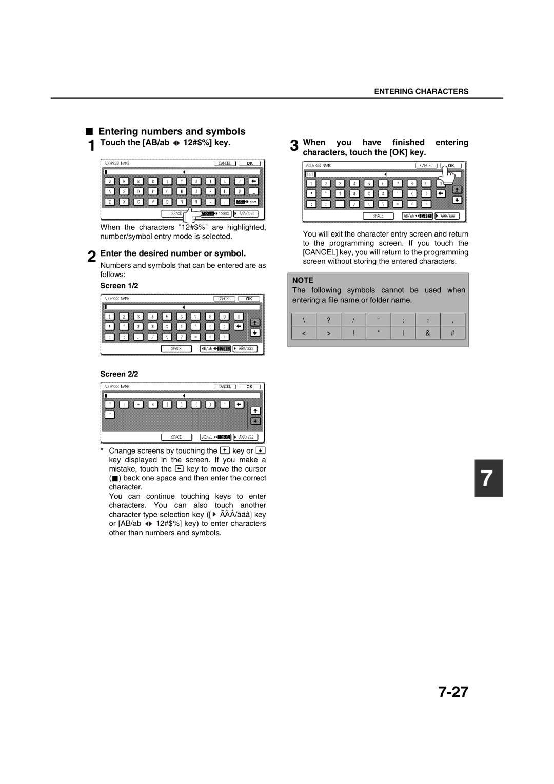 Sharp AR-M351U AR-M451U AR-M351N AR-M451N Entering numbers and symbols, Enter the desired number or symbol, Screen 1/2 