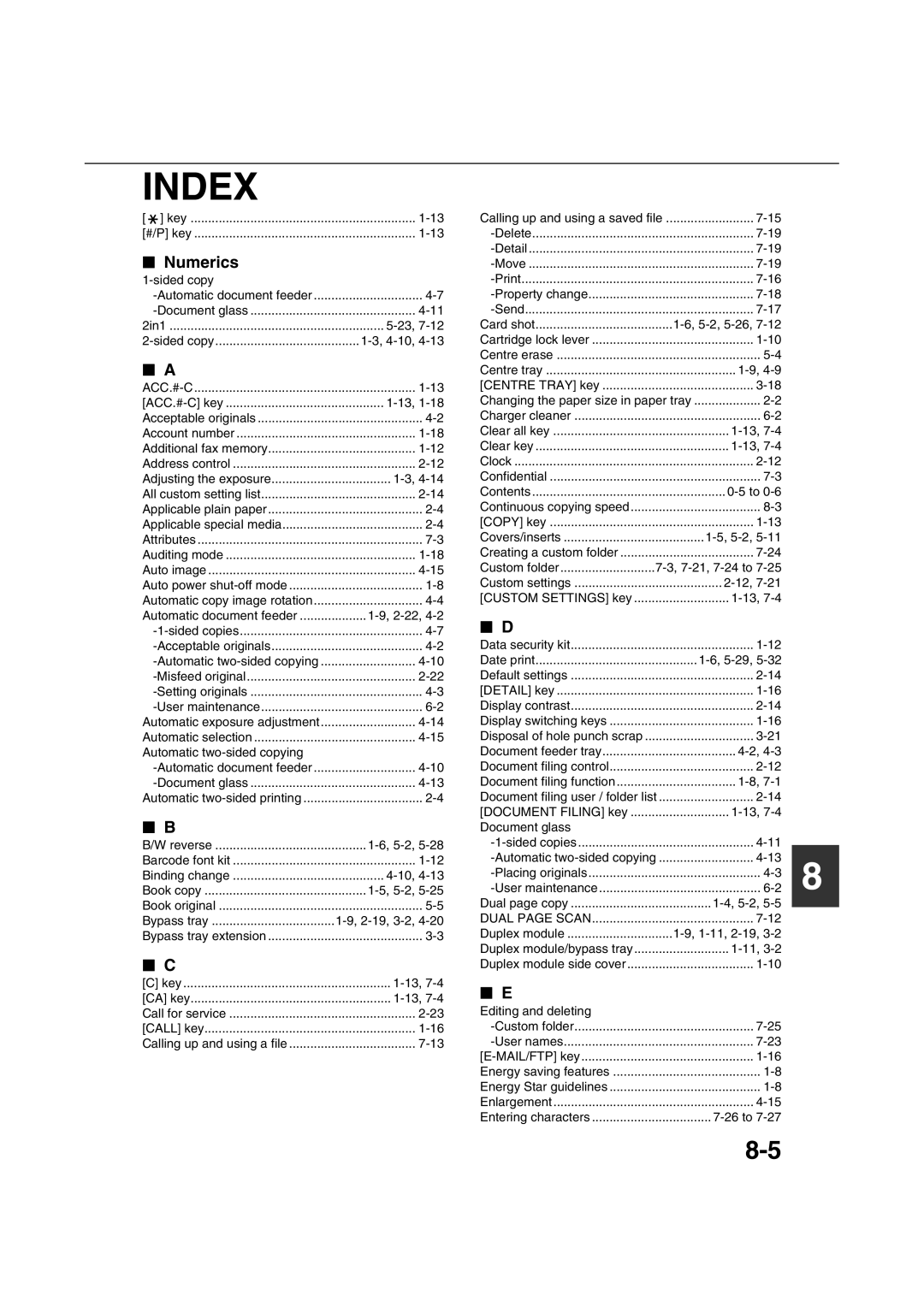 Sharp AR-M351U AR-M451U AR-M351N AR-M451N specifications Index, Numerics 