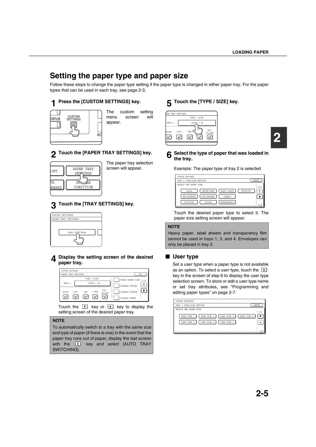 Sharp AR-M351U AR-M451U AR-M351N AR-M451N specifications Setting the paper type and paper size, User type 