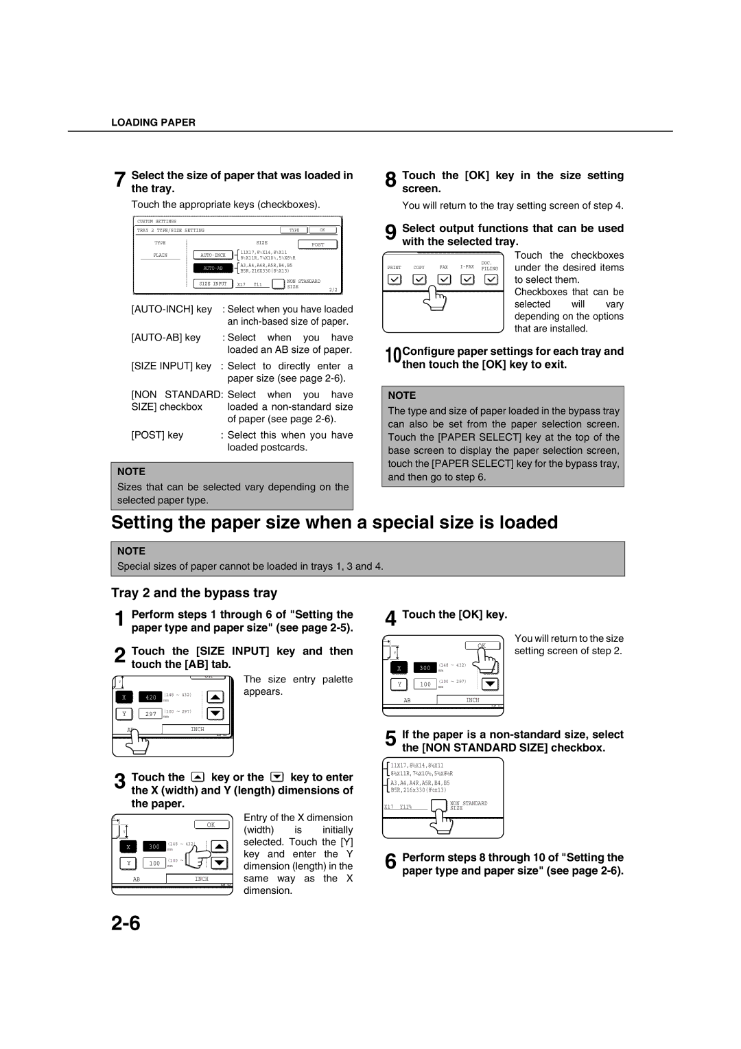 Sharp AR-M351U AR-M451U AR-M351N AR-M451N Setting the paper size when a special size is loaded, Tray 2 and the bypass tray 