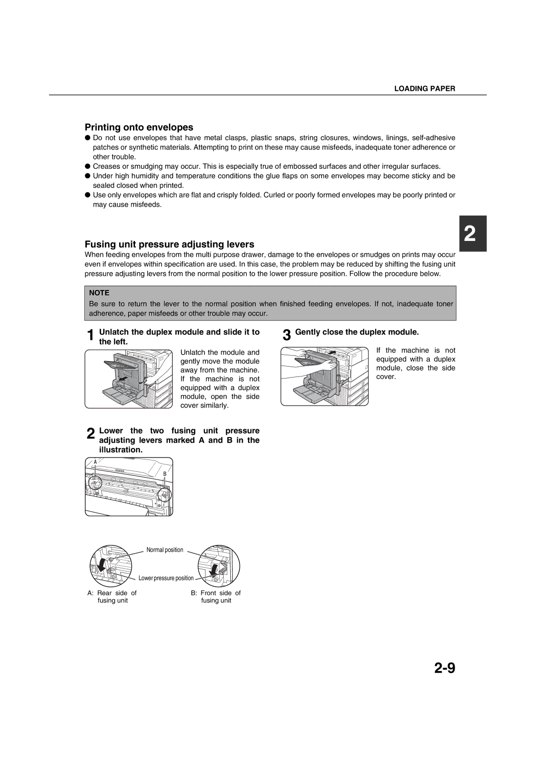 Sharp AR-M351U AR-M451U AR-M351N AR-M451N specifications Printing onto envelopes, Fusing unit pressure adjusting levers 