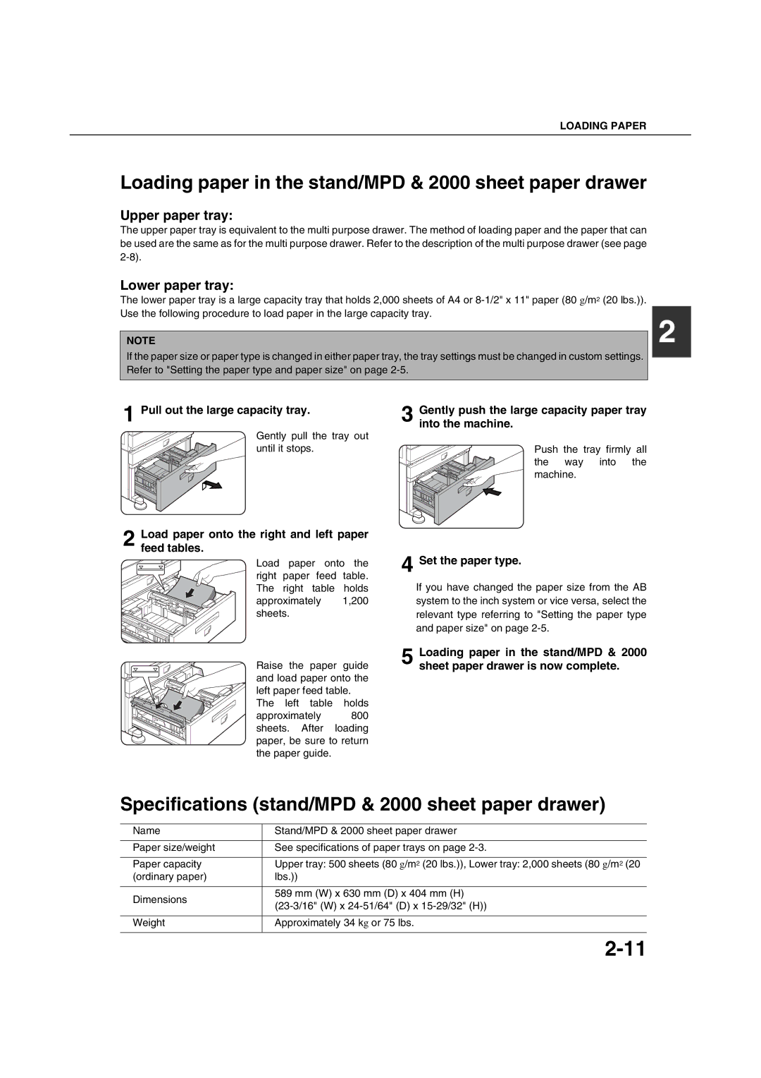 Sharp AR-M351U AR-M451U AR-M351N AR-M451N Loading paper in the stand/MPD & 2000 sheet paper drawer, Lower paper tray 