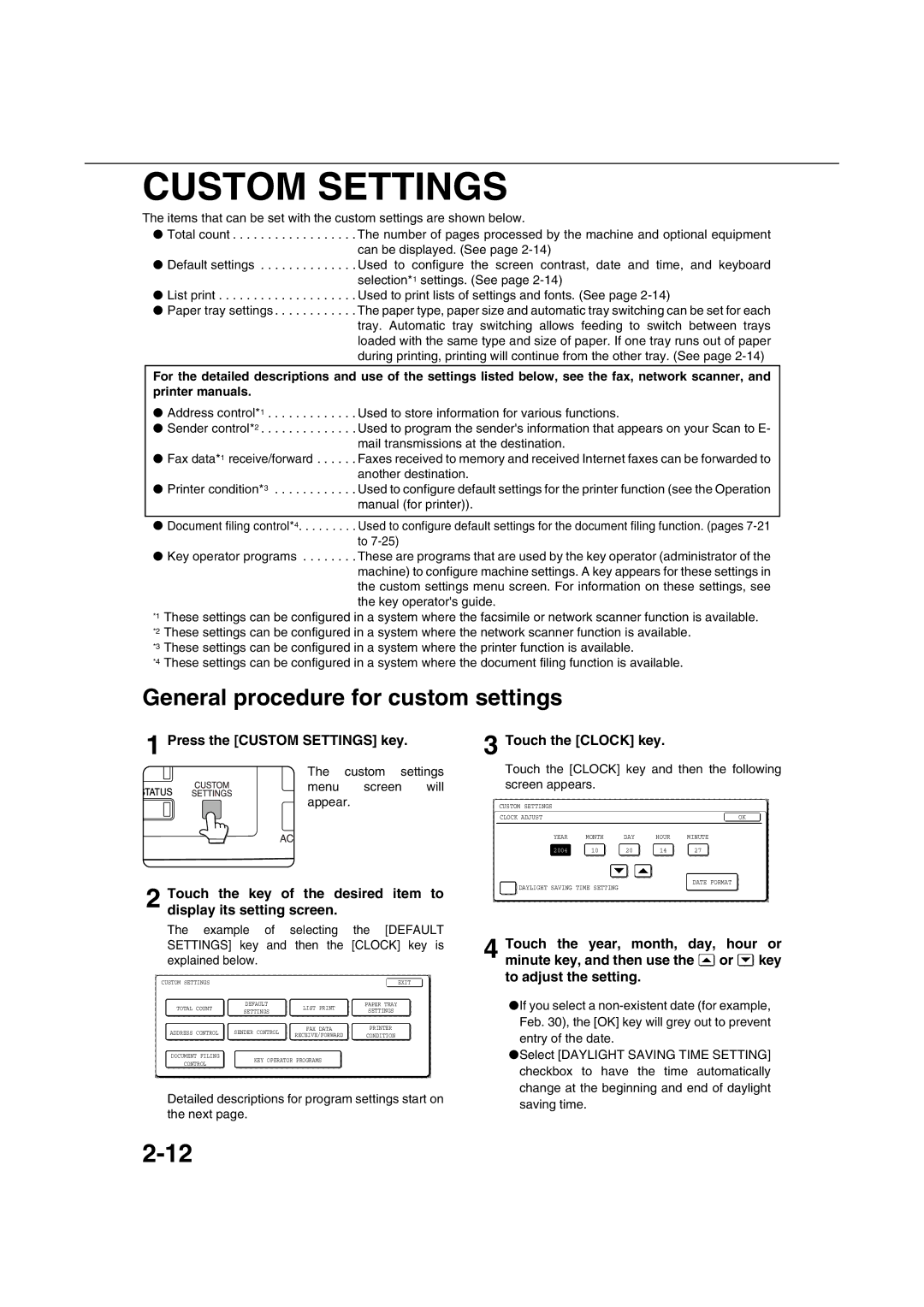 Sharp AR-M351U AR-M451U AR-M351N AR-M451N Custom Settings, General procedure for custom settings, Touch the Clock key 